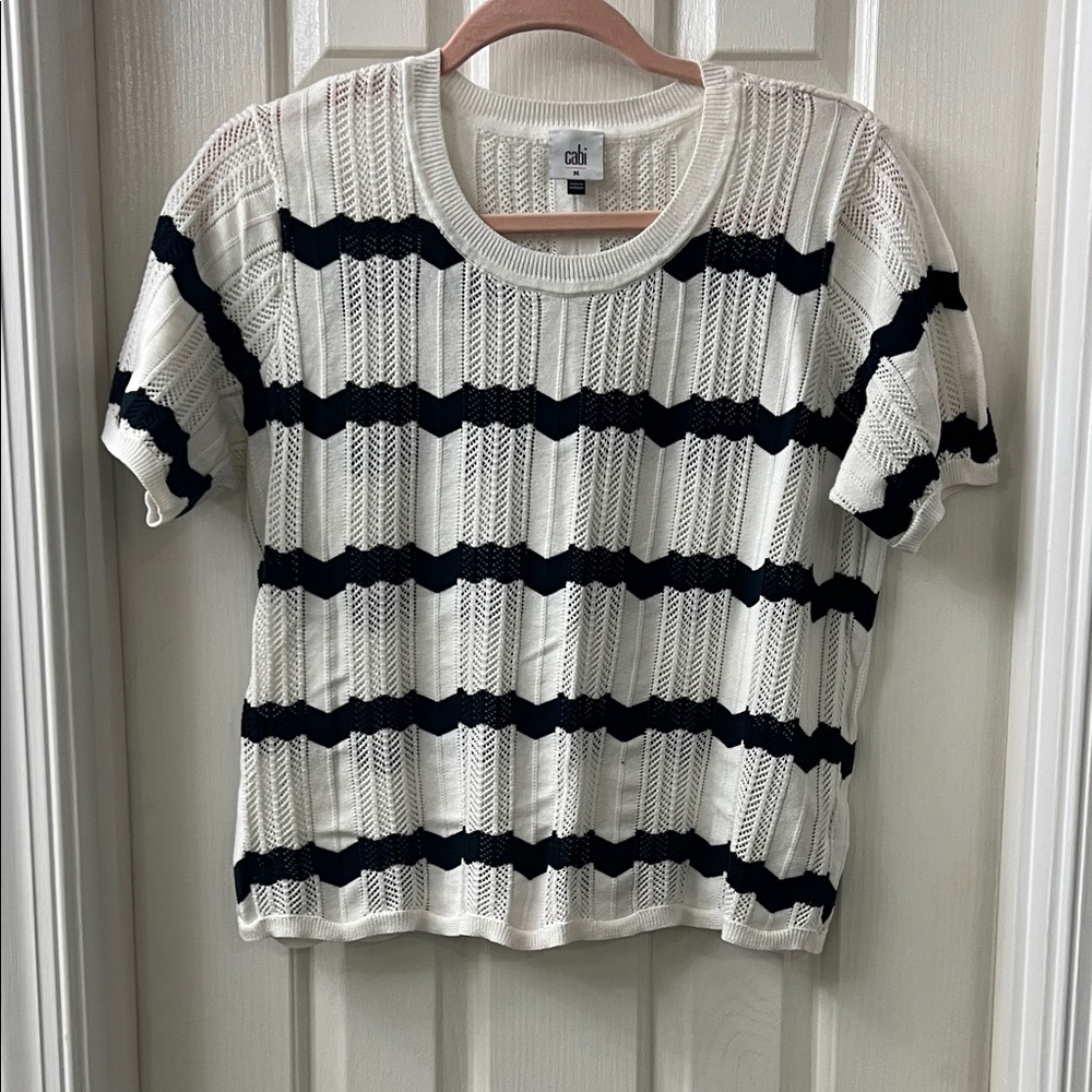 CAbi Navy & White Open-Knit Short Sleeve Tee